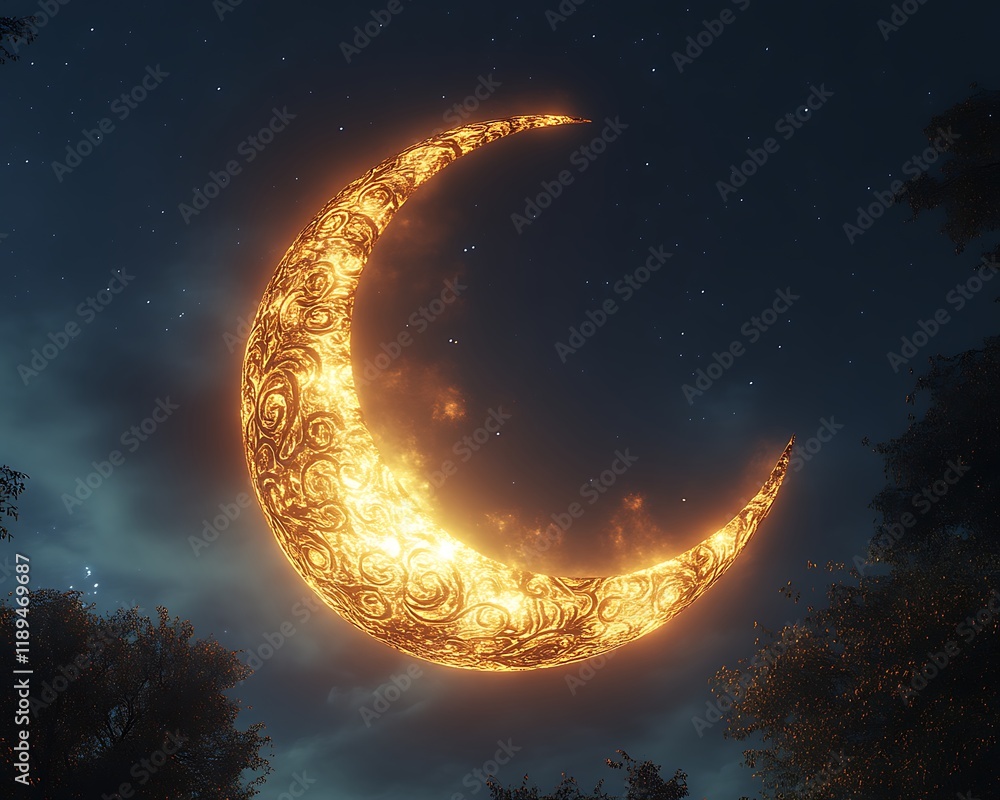 Ornate glowing crescent moon in night sky. (2) Ornate glowing crescent moon in night sky. (2)