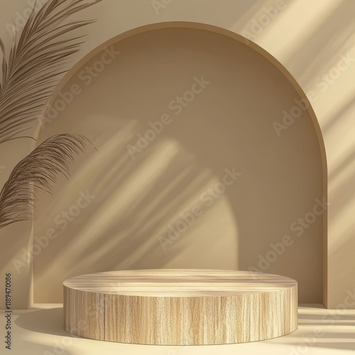 3d render of beige background with podiums and palm leaves photo