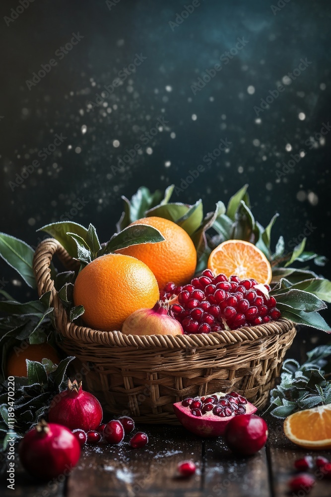 A rustic wicker basket overflowing with oranges, pomegranates, and cranberries, dusted with a light snowfall A rustic wicker basket overflowing with oranges, pomegranates, and cranberries, dusted with a light snowfall