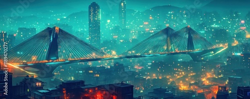 Vibrant Cityscape with Modern Bridge Illuminated at Night Against Skyscrapers