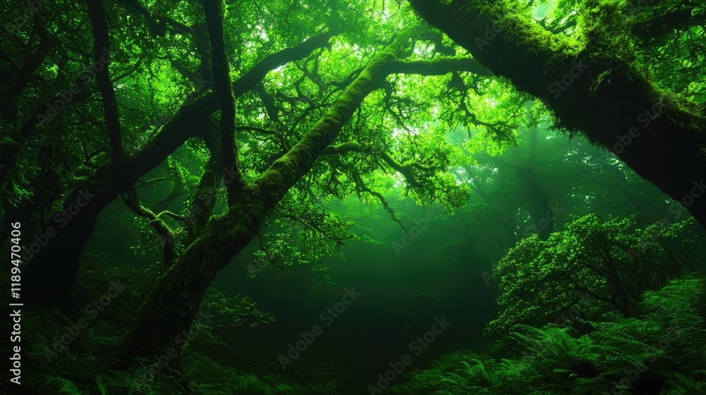 Obraz premium Dense Green Forest with Sunlight Filtering Through Canopy