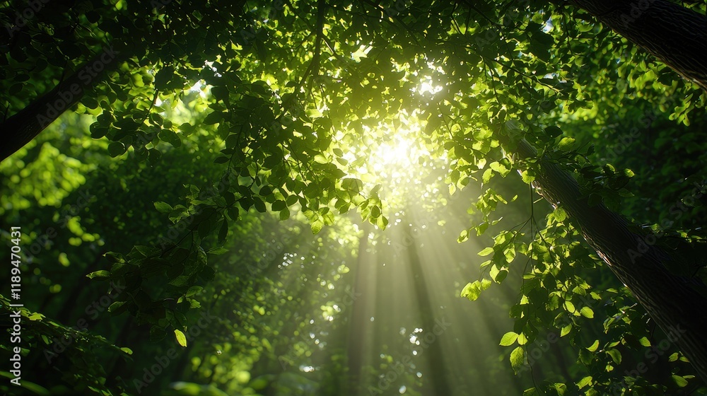 Obraz premium Sunlight Filtering Through Green Leaves in Lush Forest Canopy