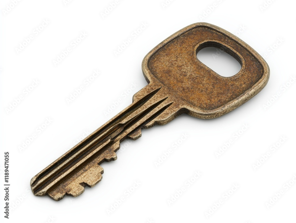 close up of a metal key on white background close up of a metal key on white background