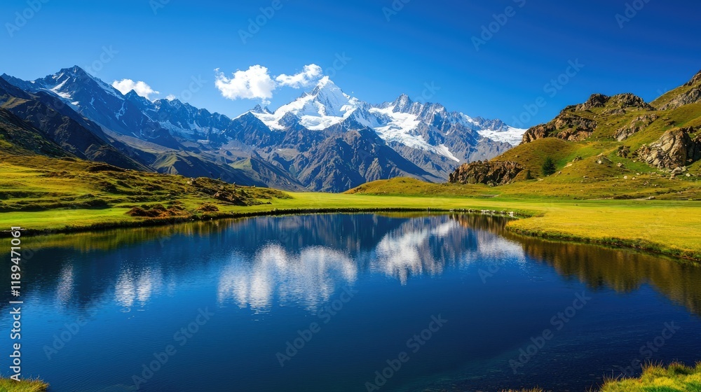 Majestic Mountain Landscape with Serene Lake and Clear Blue Sky Majestic Mountain Landscape with Serene Lake and Clear Blue Sky