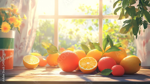 National sunkist citrus day celebration, citrus fruits on rustic table, bright colors and sunlight. Sunmist. Illustration photo