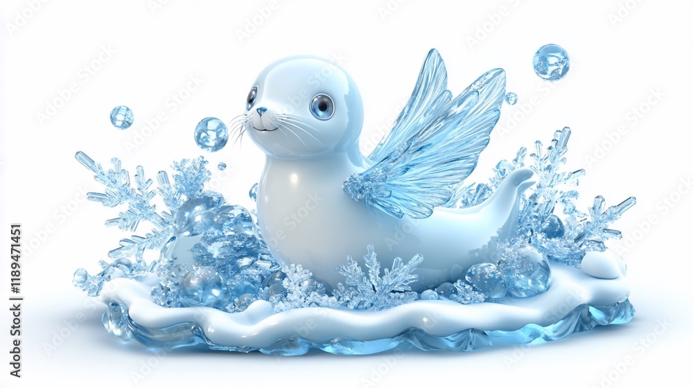 Cute cartoon seal with ice wings on ice floe. Cute cartoon seal with ice wings on ice floe.