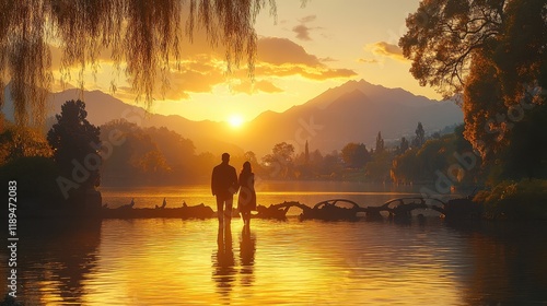 A romantic sunset scene by a lake with a couple silhouetted against the vibrant sky.