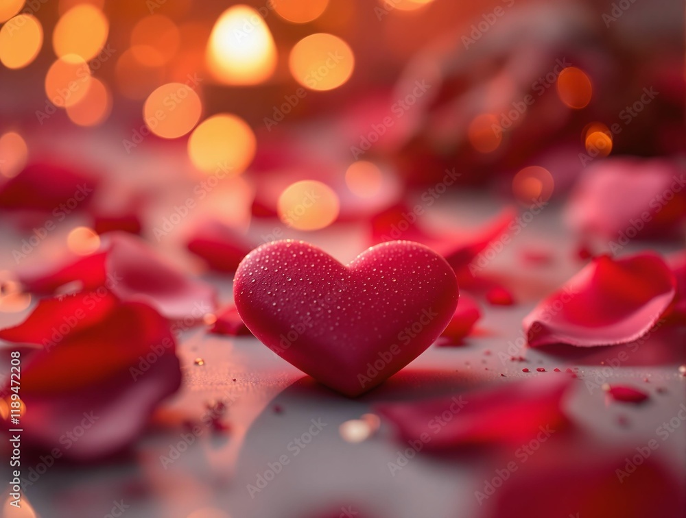 heart-shaped object surrounded by red rose petals on a wet surface. The background is blurred with warm, bokeh lights adding to the romantic atmosphere. heart-shaped object surrounded by red rose petals on a wet surface. The background is blurred with warm, bokeh lights adding to the romantic atmosphere.