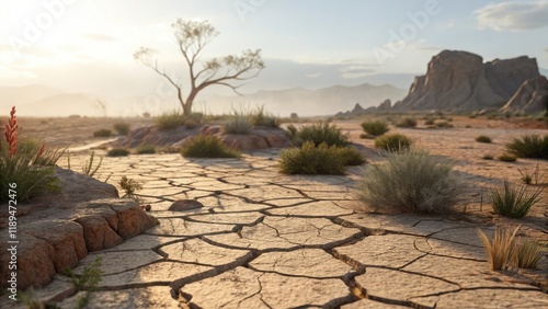 Cracked earth landscape with a desolate mood against a dry desert backdrop photo