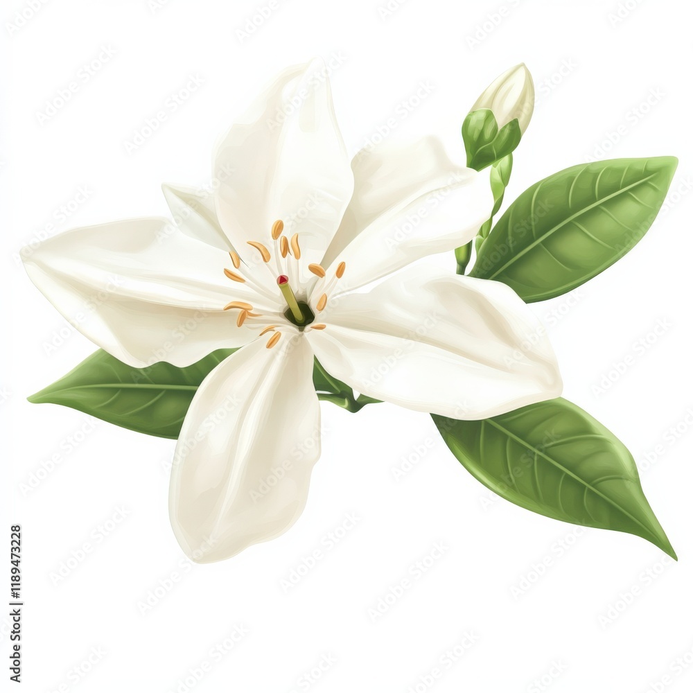 Obraz premium A white flower and green leaves