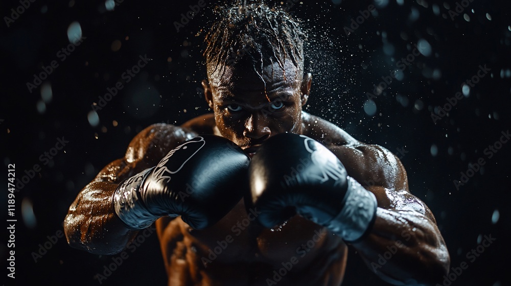 Fototapeta premium Muscular boxer in fighting stance, sweat droplets, dark background.