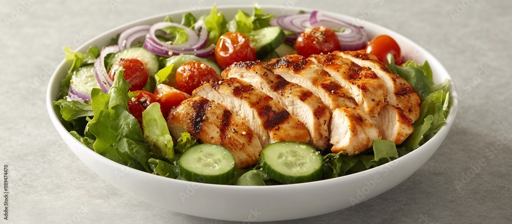 Grilled chicken salad with lettuce, cucumber, tomato, and red onion. Grilled chicken salad with lettuce, cucumber, tomato, and red onion.
