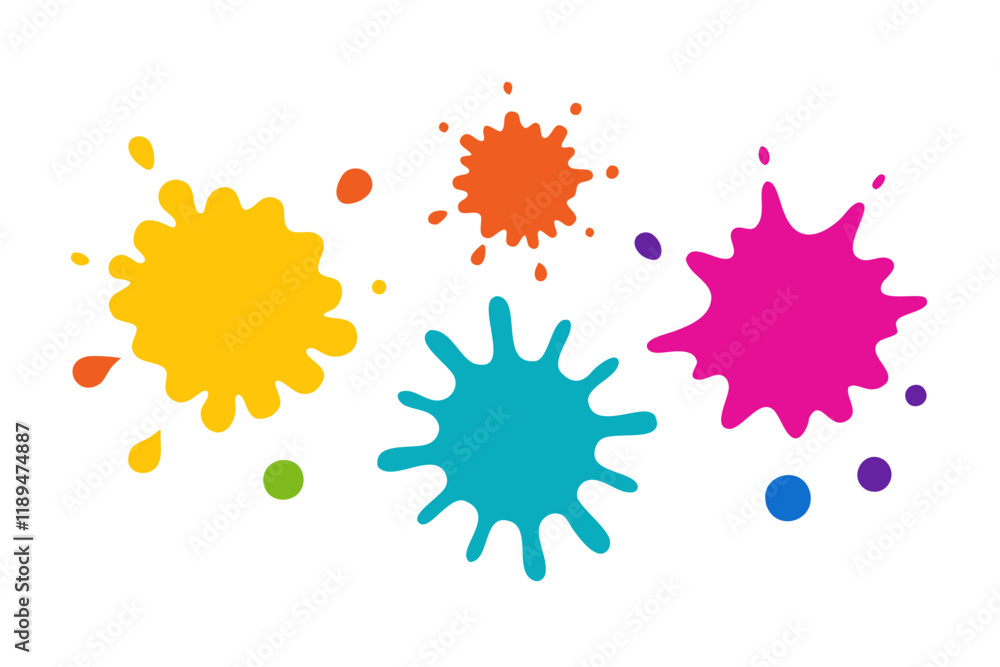 Colorful paint splatter vibrant ink blots abstract art, blue yellow green pink splatters isolated on transparent background Colorful paint splatter vibrant ink blots abstract art, blue yellow green pink splatters isolated on transparent background