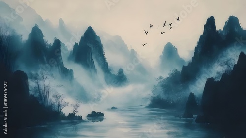 Misty mountain river landscape with birds in flight. photo