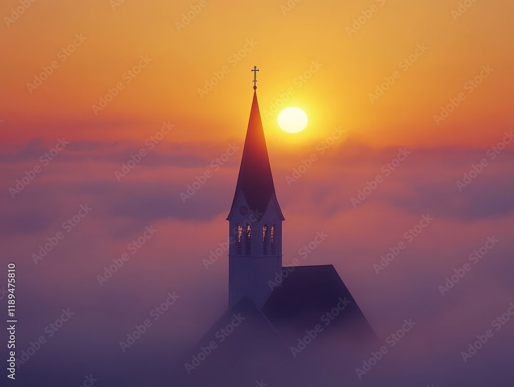 Obraz premium church spire at sunset over clouds