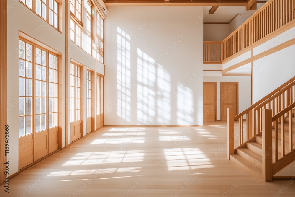 Obraz premium Sunlit spacious empty room with wooden floors, stairs, and large windows.