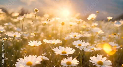 Magical Wild flower field moving in the wind with beautiful sunlight White daisy meadow in sunset lights Field of white daisies in the wind swaying close up Concept nature flowers spring biolog 4K