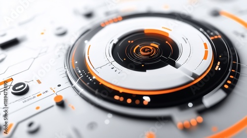 Abstract technological interface with glowing orange and white circular elements.