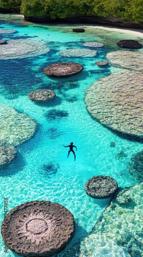 Person Snorkeling Among Vibrant Coral Reefs in a Tropical Lagoon photo