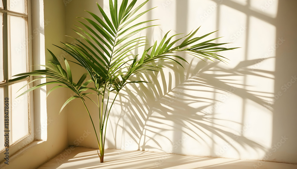 Fototapeta premium Serene indoor palm plant casting shadows on a sunlit wall near a window. Perfect for home decor, wellness, and minimalist design.