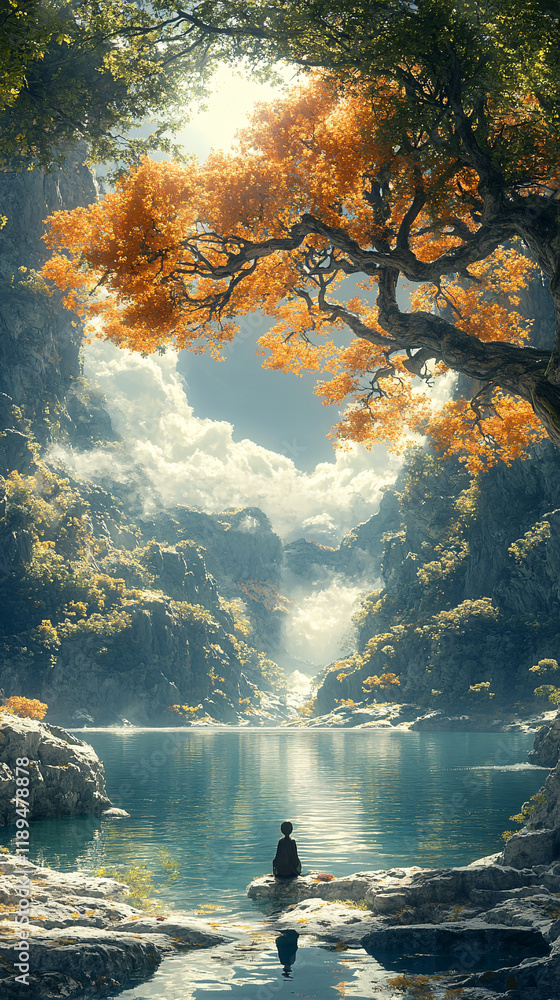 Solitary tree on a small island surrounded by calm reflective waters, evoking serenity and introspection, symbolizing connection with nature and the inner world Solitary tree on a small island surrounded by calm reflective waters, evoking serenity and introspection, symbolizing connection with nature and the inner world