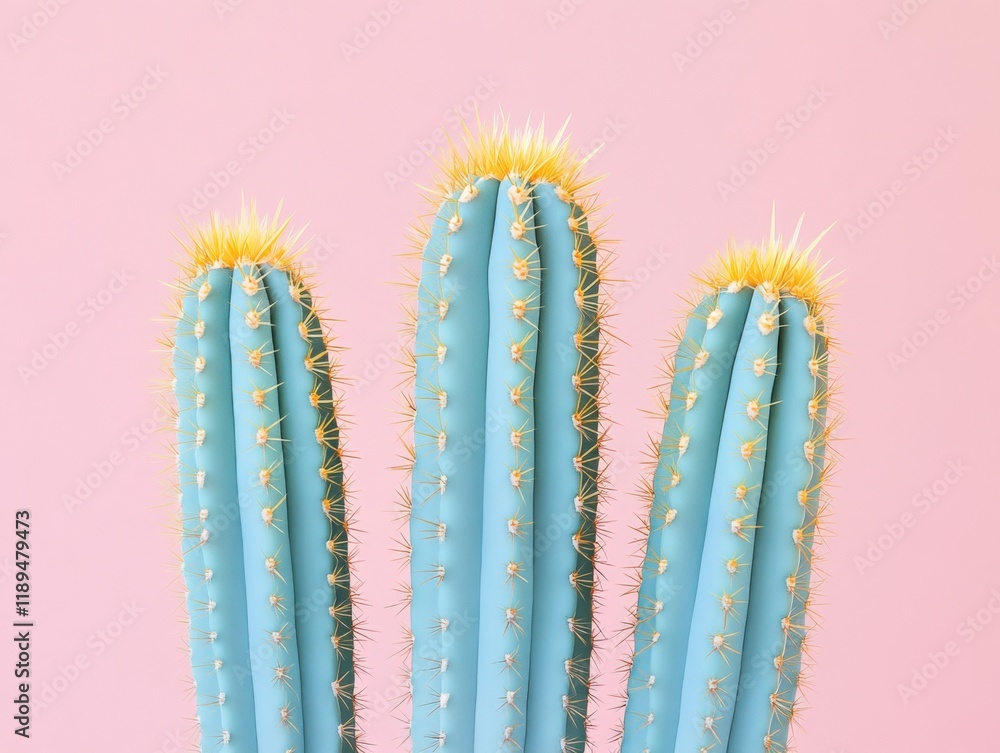 Naklejka premium three blue cacti against pink background