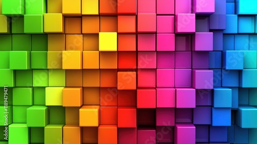Colorful 3D cubes arranged in a vibrant gradient pattern.