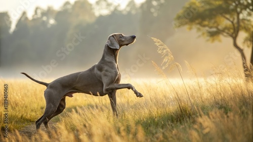 Graceful dog standing elegantly in a golden field, majestic, during a misty sunrise