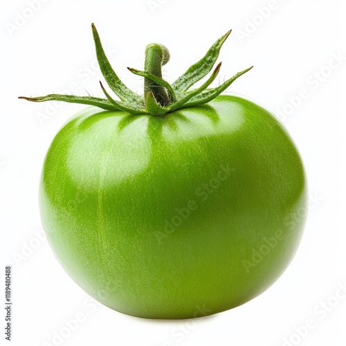 Close up of a green tomato on a white background