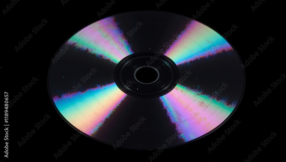 Abstract rainbow holographic pattern on shiny CD with light reflections set on black background Abstract rainbow holographic pattern on shiny CD with light reflections set on black background