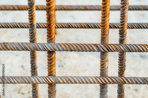 Close up view of reinforcing steel grid used for concrete foundation construction. Rusty metal bars form grid pattern. Reinforcement mesh used in building projects. Construction site building photo