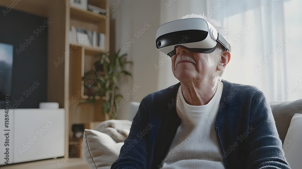 Elderly man experiencing virtual reality technology while sitting in a modern living room during the daytime Elderly man experiencing virtual reality technology while sitting in a modern living room during the daytime