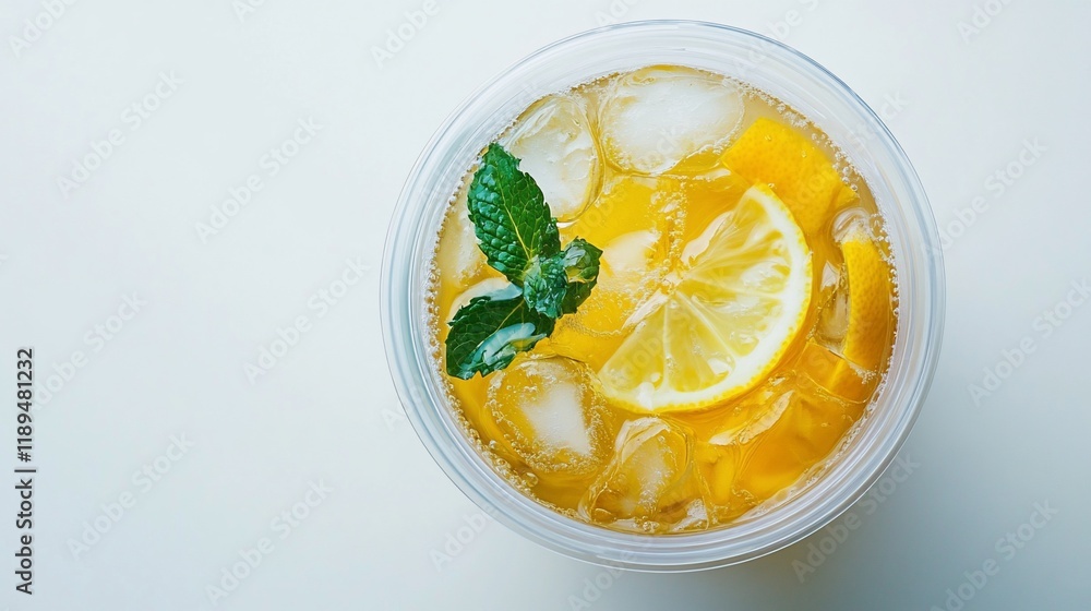 Iced tea with lemon and mint in a plastic cup. (2) Iced tea with lemon and mint in a plastic cup. (2)
