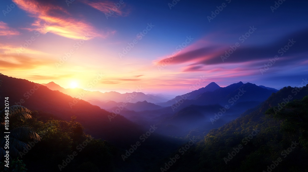 Majestic Sunset over the Misty Mountain Ranges Majestic Sunset over the Misty Mountain Ranges