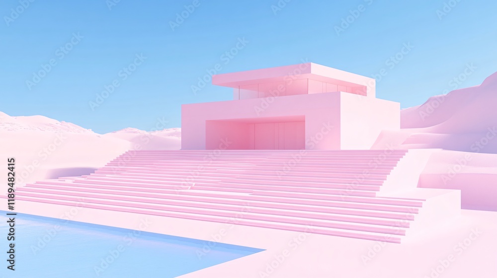 Pink Minimalist House Modern Architecture Dreamy Pastel Building Stairs Pool Landscape Pink Minimalist House Modern Architecture Dreamy Pastel Building Stairs Pool Landscape