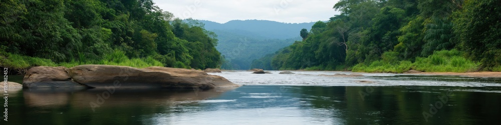 A river with a rock in the middle of it. The water is calm and clear. The trees surrounding the river are lush and green A river with a rock in the middle of it. The water is calm and clear. The trees surrounding the river are lush and green