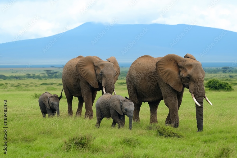 Fototapeta premium A family of elephants walking through a grassy field. The elephants are of different sizes, with the largest one being the mother. The scene is peaceful and serene