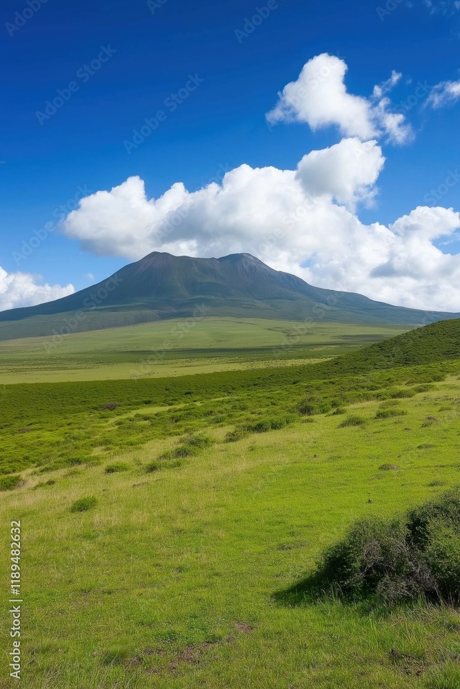 A mountain is in the background of a field of green grass. The sky is clear and blue A mountain is in the background of a field of green grass. The sky is clear and blue