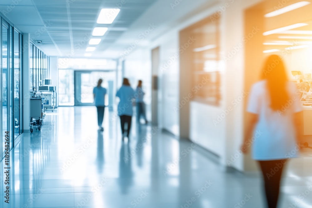 Fototapeta premium Blurred hospital corridor with medical staff walking.