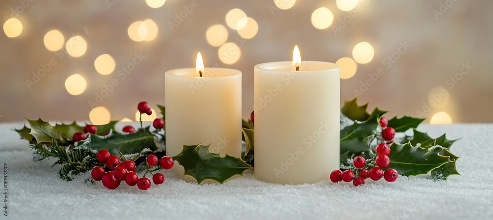Two lit candles with holly and berries on snow, bokeh background. Two lit candles with holly and berries on snow, bokeh background.