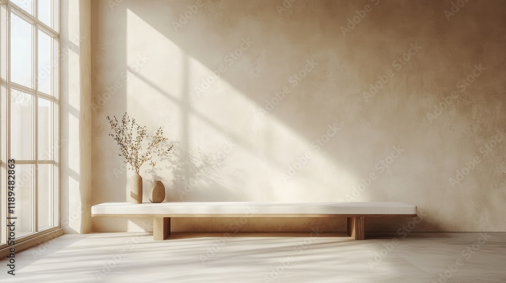 Fototapeta premium Minimalist interior with natural light, showcasing a simple bench and decorative vases.