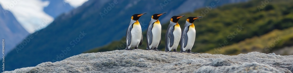Fototapeta premium Four penguins standing on a rocky hillside. The penguins are facing the camera and appear to be looking at it. The scene is peaceful and serene