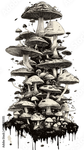 Intricate brown black and white illustration of various mushrooms growing in a dense arrangement