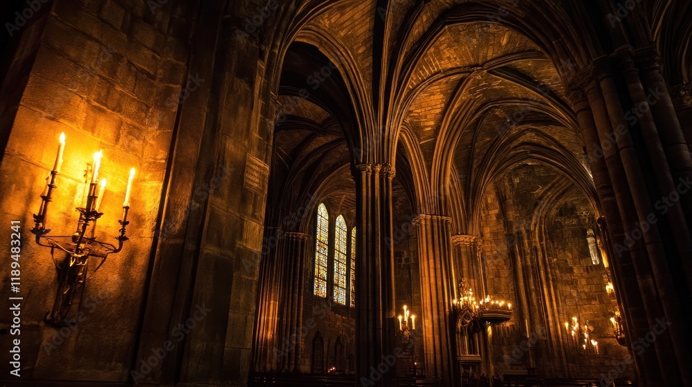Intriguing interior of a historical cathedral, showcasing intricately arched ceilings, stone walls, and lit candles. Intriguing interior of a historical cathedral, showcasing intricately arched ceilings, stone walls, and lit candles.