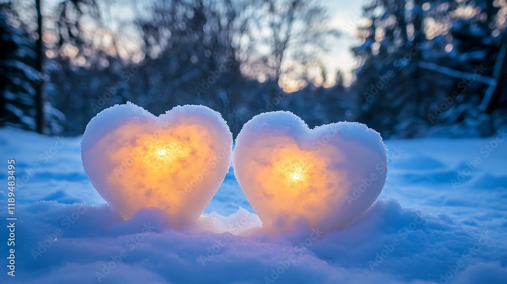 Fototapeta premium Freshly fallen snow is sculpted into a delicate, luminous heart shape on a serene winter morning. 