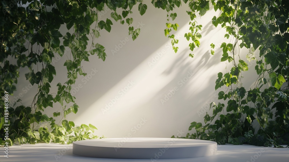 Obraz premium White circular platform surrounded by lush green vines against a light wall, illuminated by sunlight.