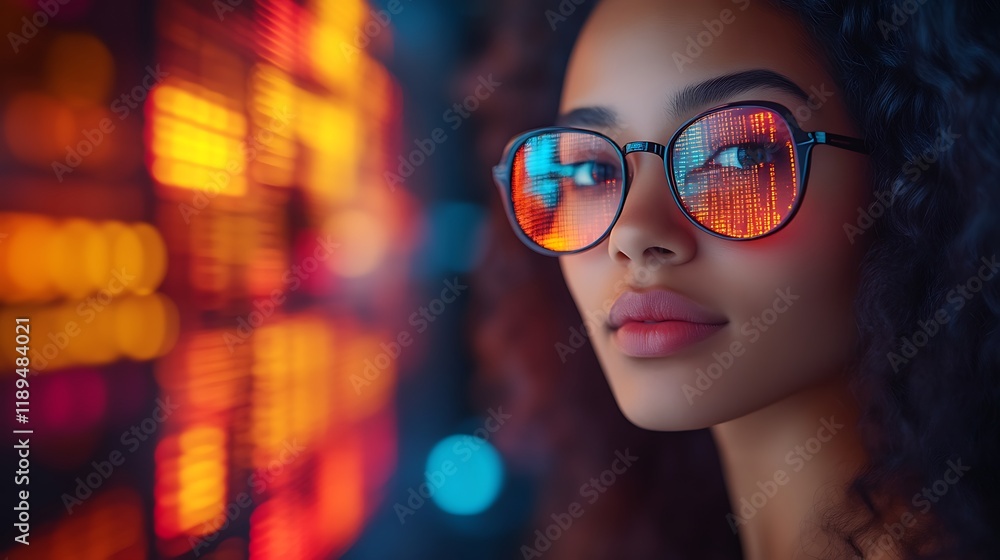 Woman with glasses, neon lights reflection. Woman with glasses, neon lights reflection.