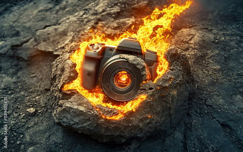 Surreal stone camera with fiery lava glowing within its structure, blending rugged natural textures with vibrant molten hues, symbolizing creativity, technology, and elemental fusion photo