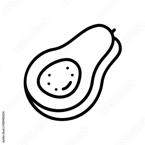 Simple line icon of an avocado with a smiling seed in a minimalistic design
