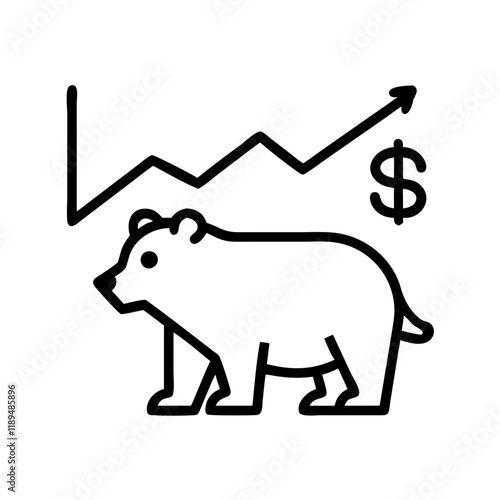 Simple line icon of a bear representing a bear market, with a rising graph and dollar sign